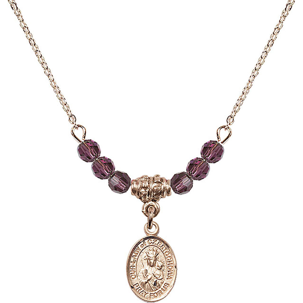 14kt Gold Filled Our Lady of Czestochowa Birthstone Necklace with Amethyst Beads - 9421