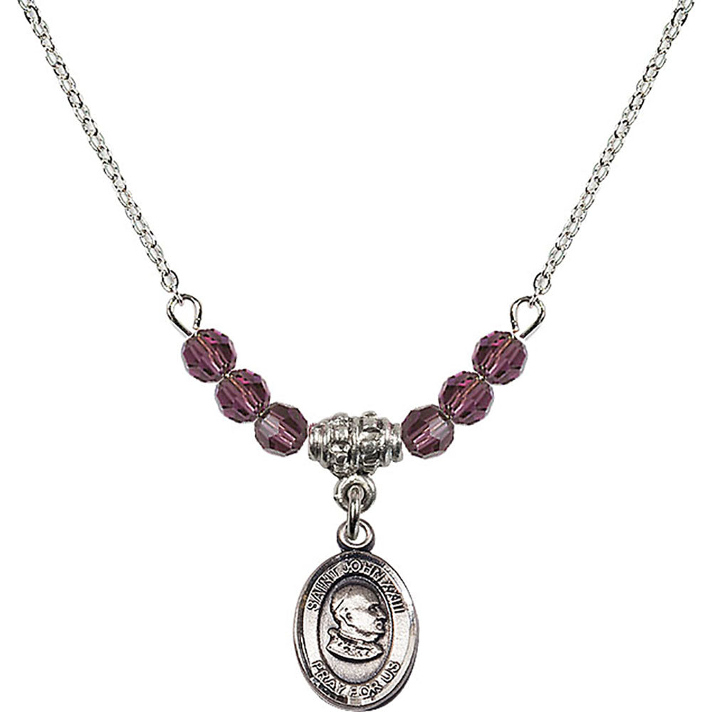 Sterling Silver Saint John XXIII Birthstone Necklace with Amethyst Beads - 9455