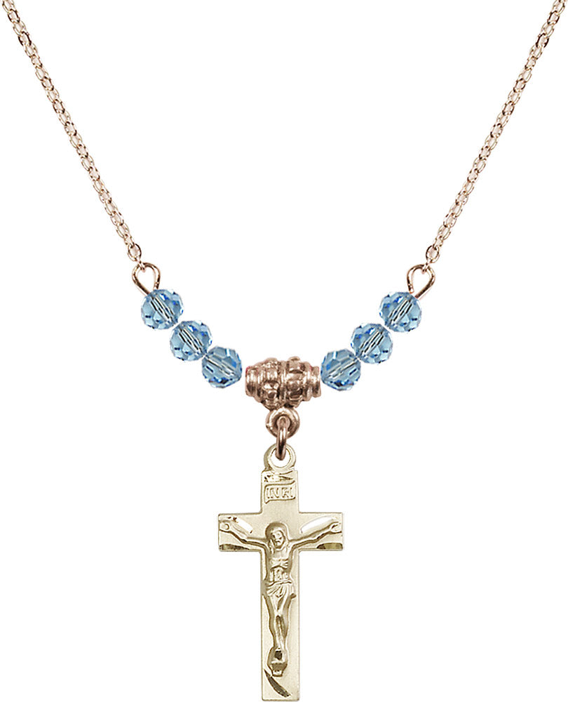 14kt Gold Filled Crucifix Birthstone Necklace with Aqua Beads - 0006