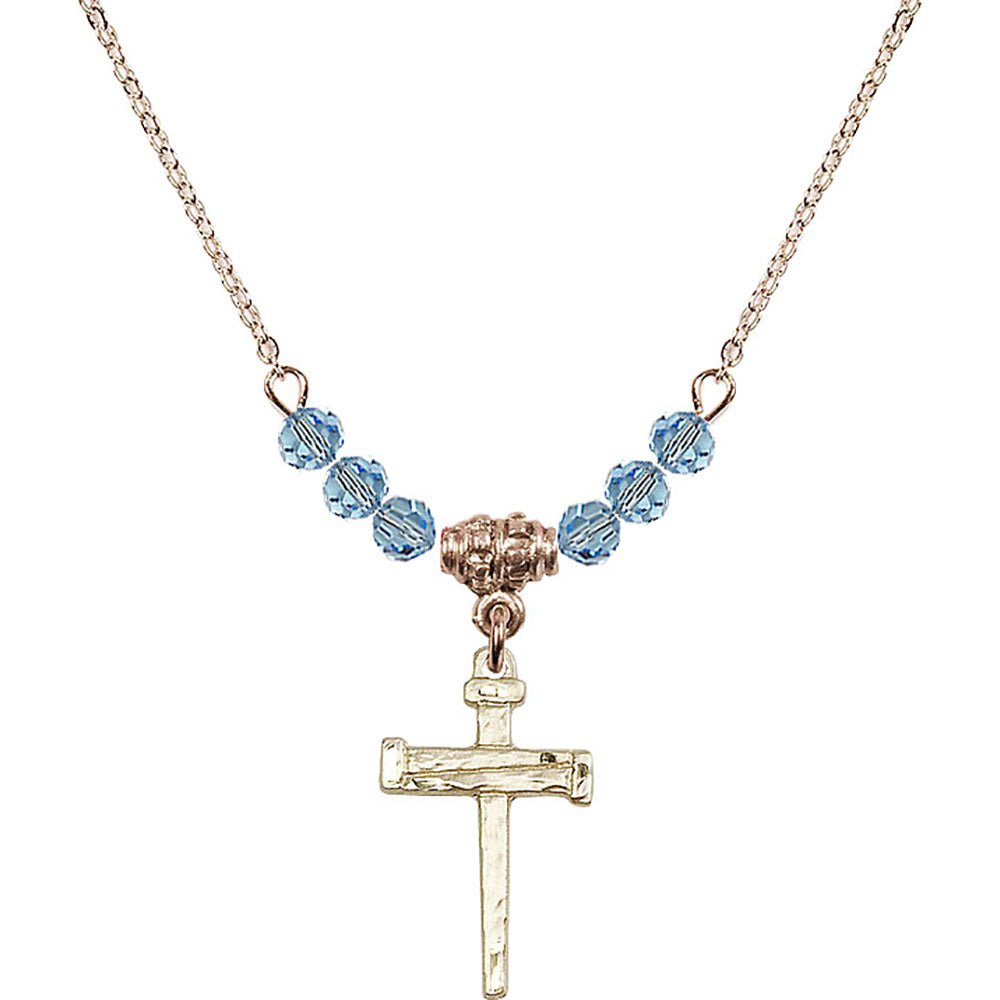 14kt Gold Filled Nail Cross Birthstone Necklace with Aqua Beads - 0012