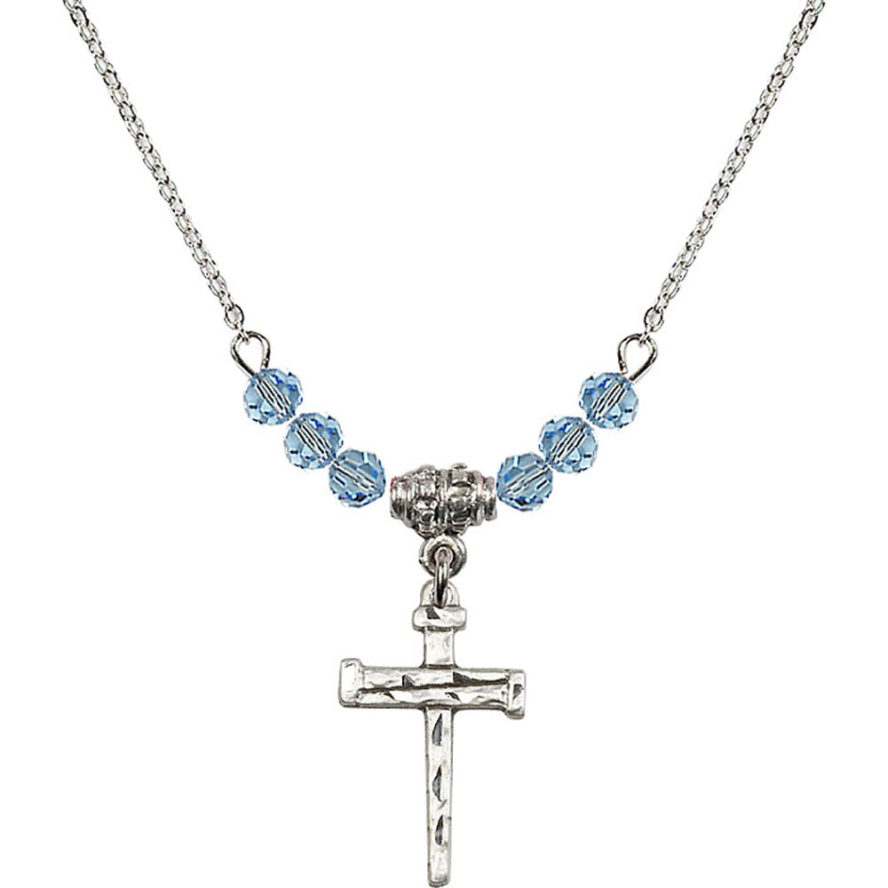 Sterling Silver Nail Cross Birthstone Necklace with Aqua Beads - 0012