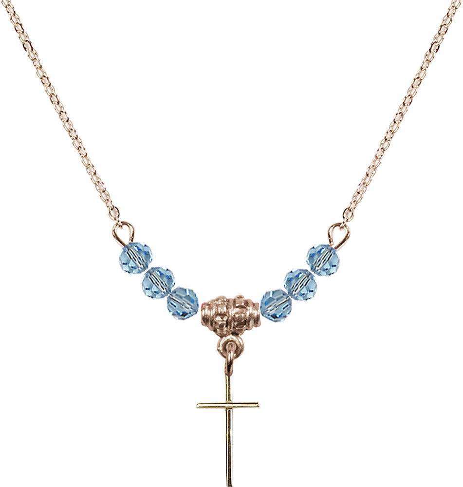 14kt Gold Filled Cross Birthstone Necklace with Aqua Beads - 0014