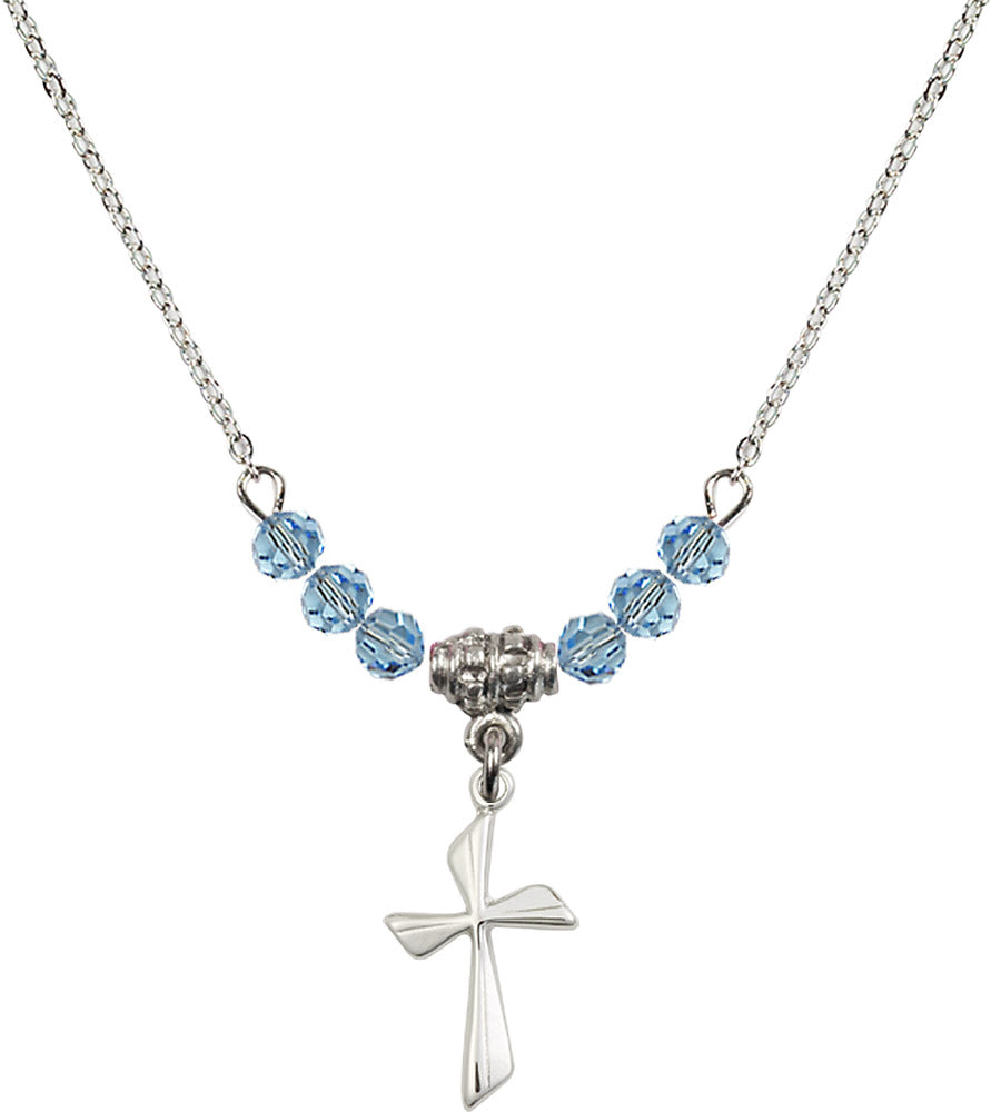 Sterling Silver Cross Birthstone Necklace with Aqua Beads - 0016