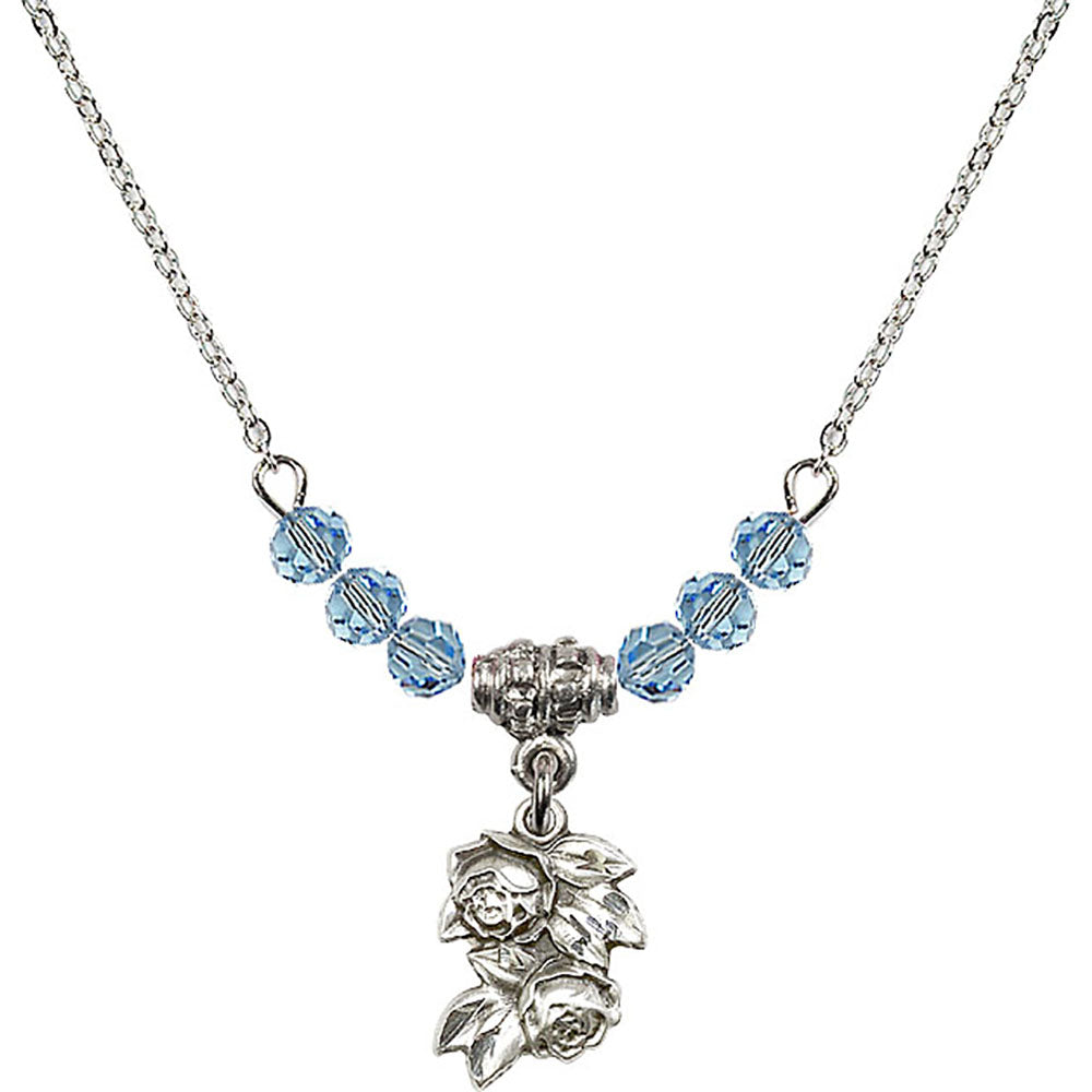 Sterling Silver Rose Birthstone Necklace with Aqua Beads - 0204