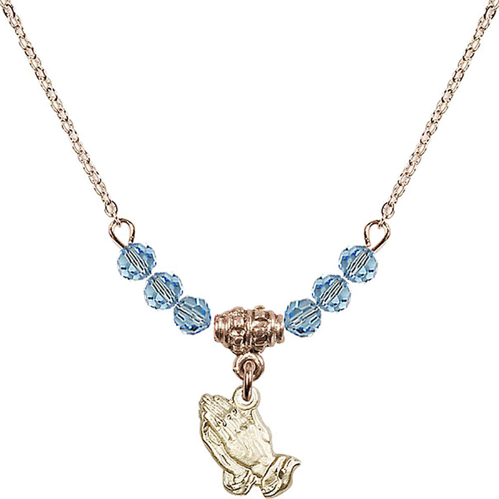14kt Gold Filled Praying Hands Birthstone Necklace with Aqua Beads - 0220
