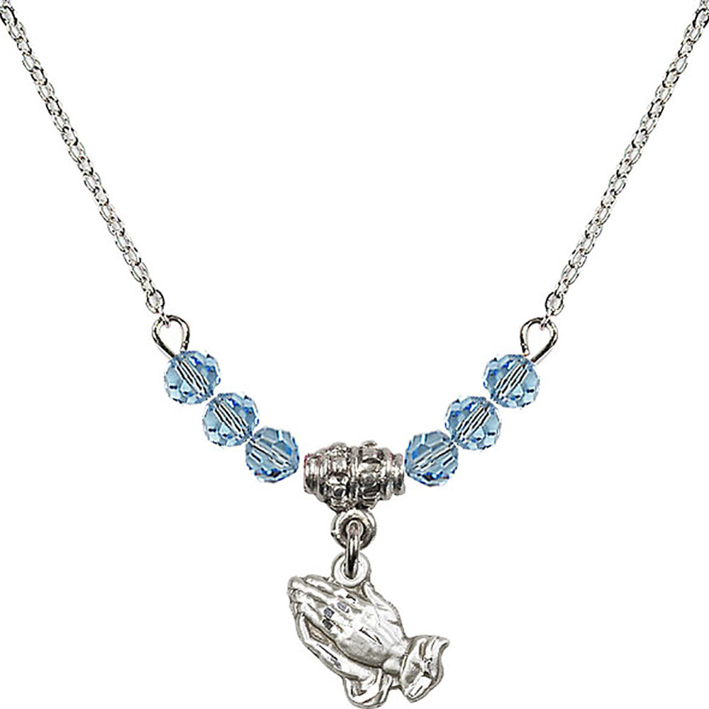 Sterling Silver Praying Hands Birthstone Necklace with Aqua Beads - 0220