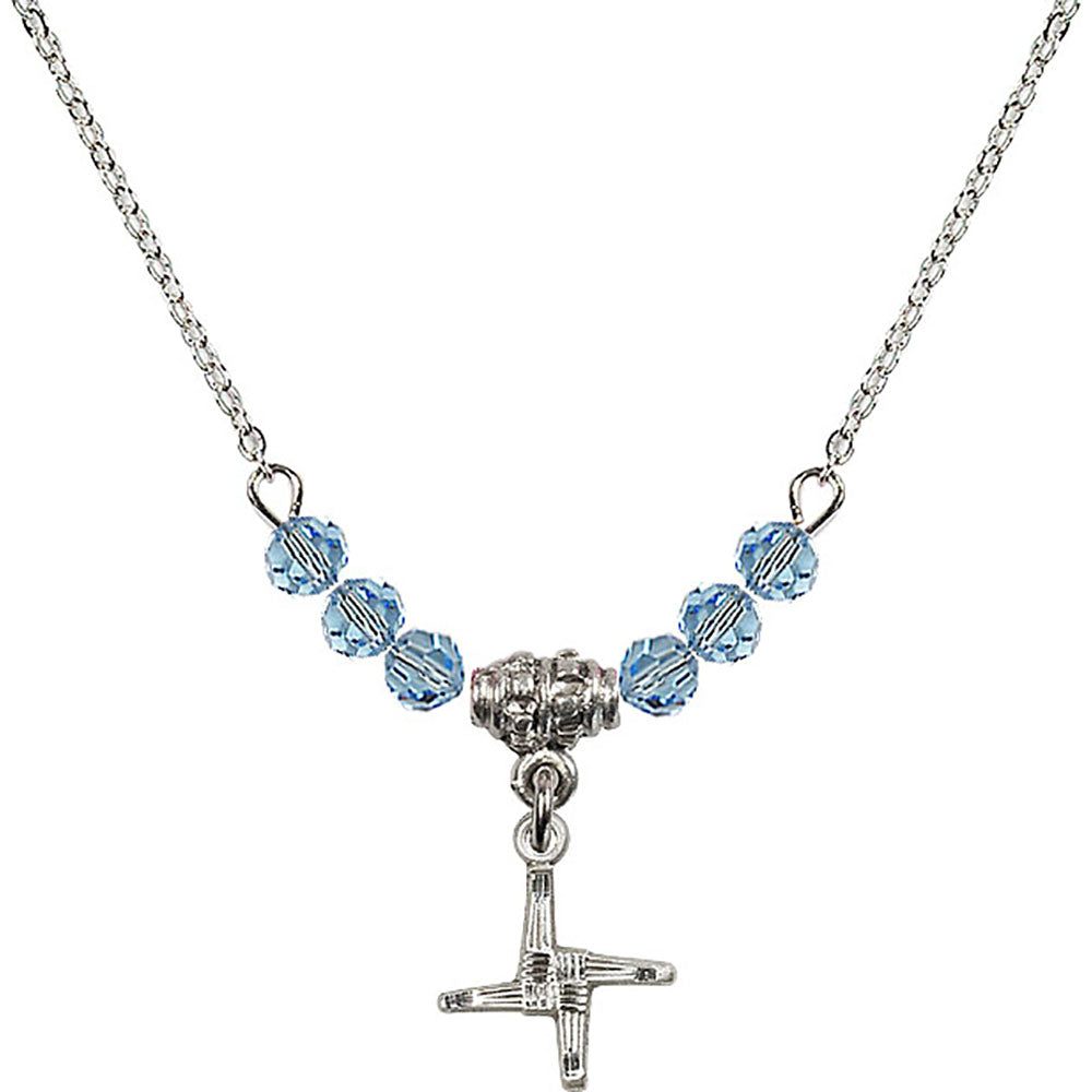 Sterling Silver Saint Brigid Cross Birthstone Necklace with Aqua Beads - 0291