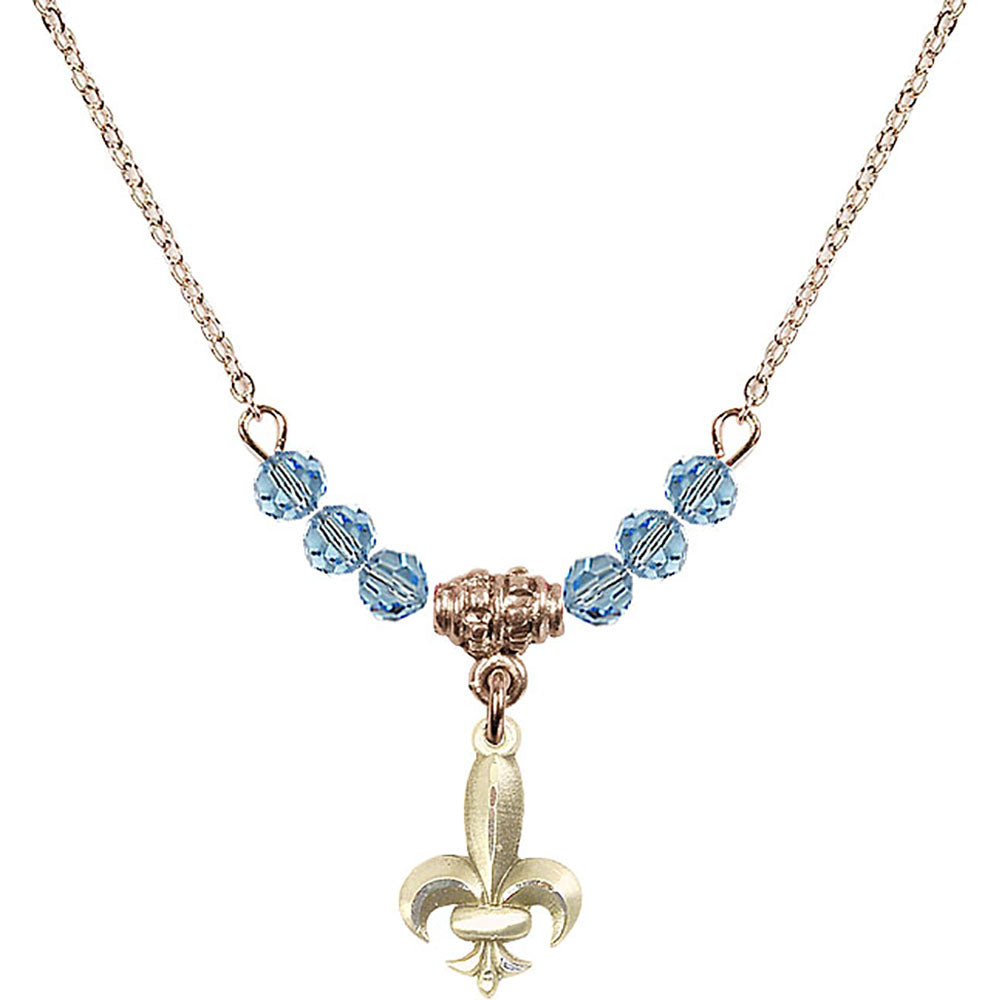 14kt Gold Filled Fleur de Lis Birthstone Necklace with Aqua Beads - 0293