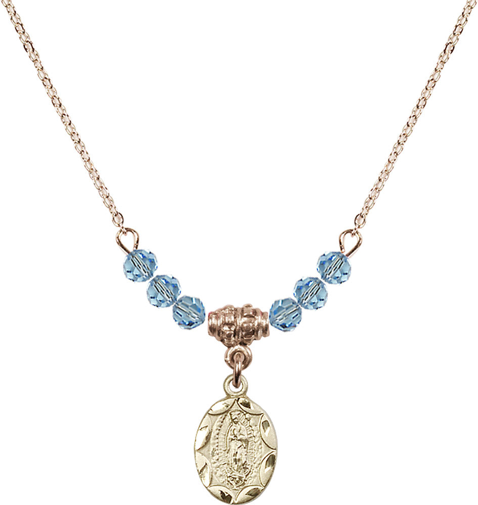 14kt Gold Filled Our Lady of Guadalupe Birthstone Necklace with Aqua Beads - 0301