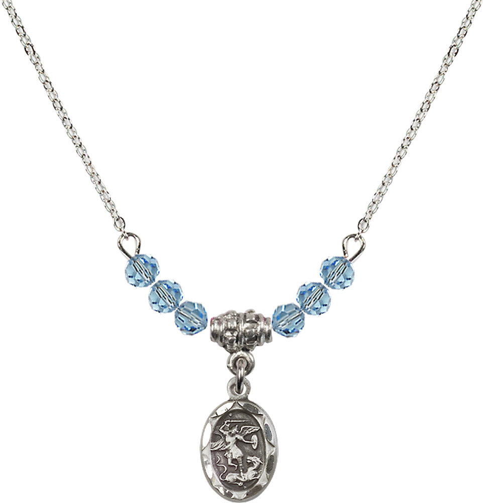 Sterling Silver Saint Michael the Archangel Birthstone Necklace with Aqua Beads - 0301