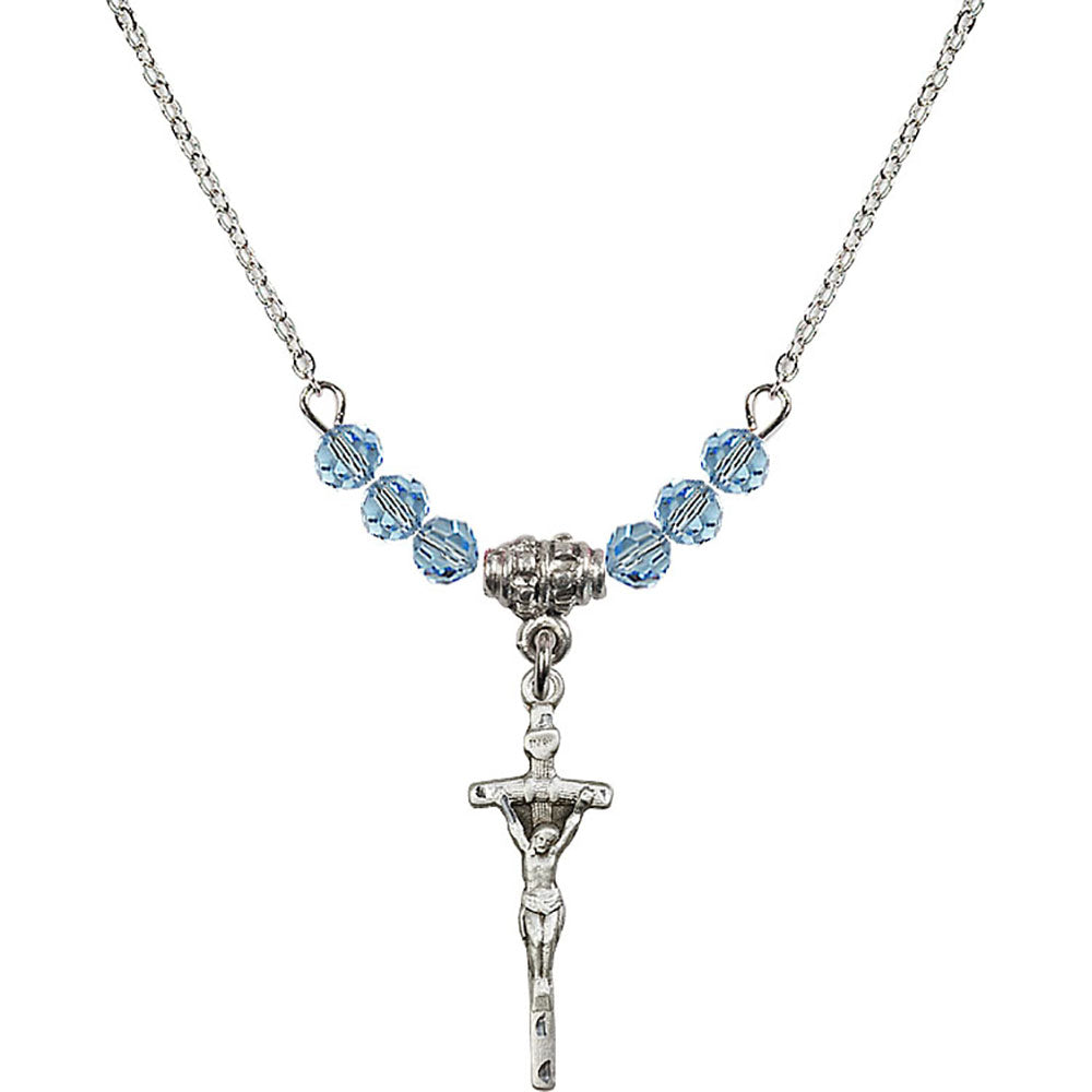 Sterling Silver Papal Crucifix Birthstone Necklace with Aqua Beads - 0563