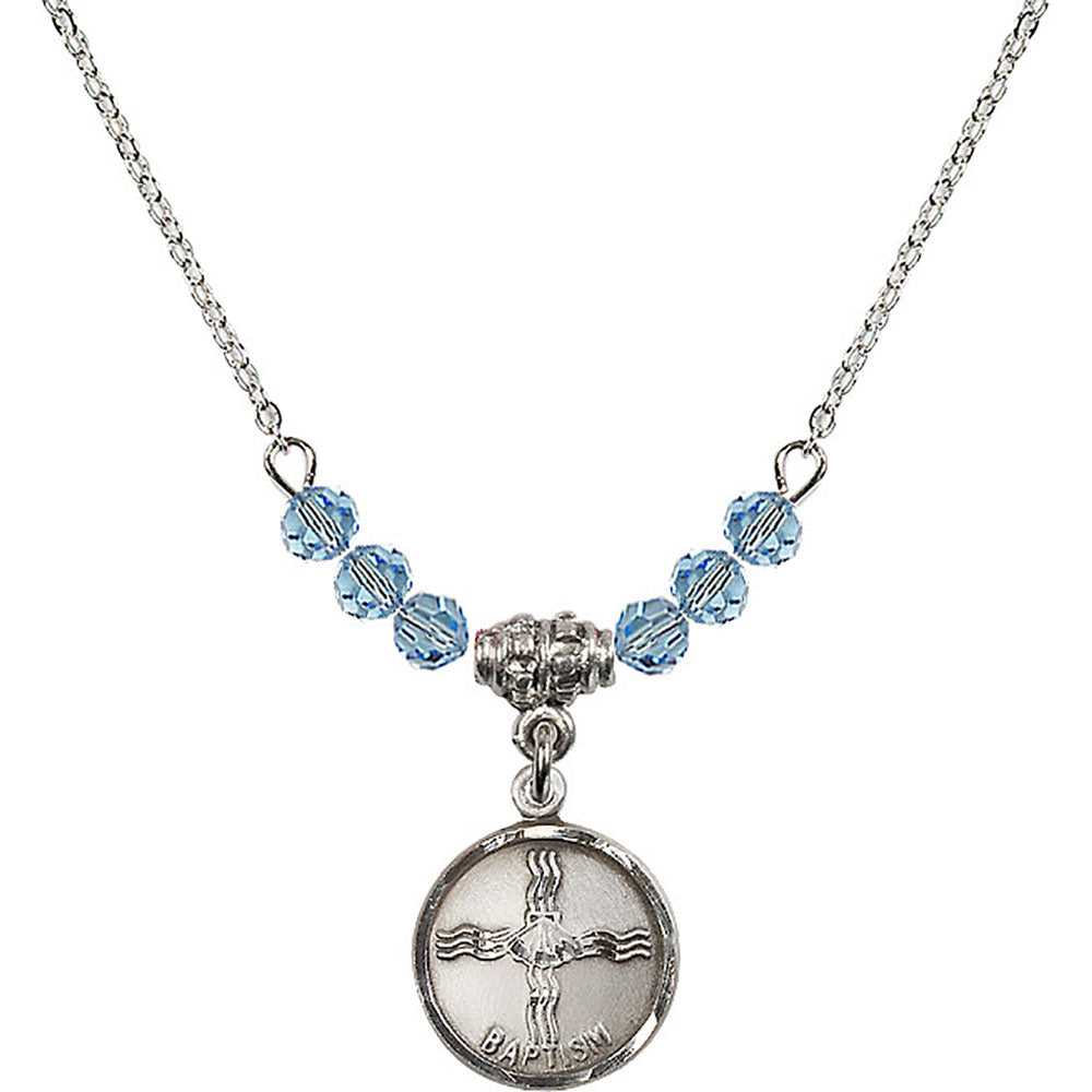 Sterling Silver Baptism Birthstone Necklace with Aqua Beads - 0601