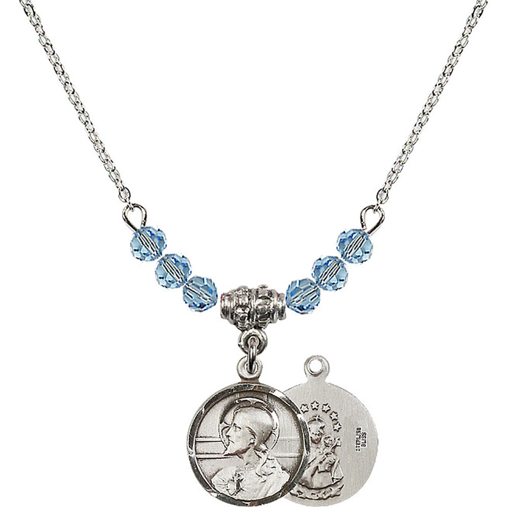 Sterling Silver Scapular Birthstone Necklace with Aqua Beads - 0601