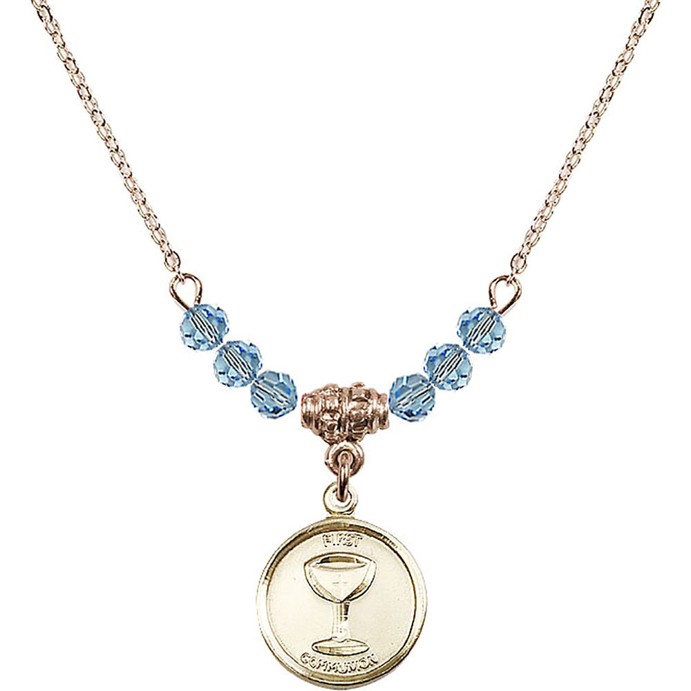 14kt Gold Filled Communion Birthstone Necklace with Aqua Beads - 0601
