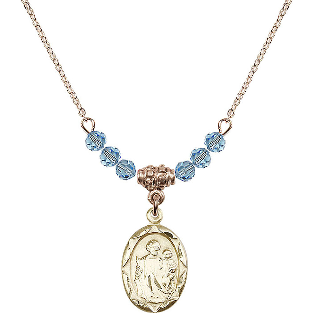 14kt Gold Filled Saint Joseph Birthstone Necklace with Aqua Beads - 0612