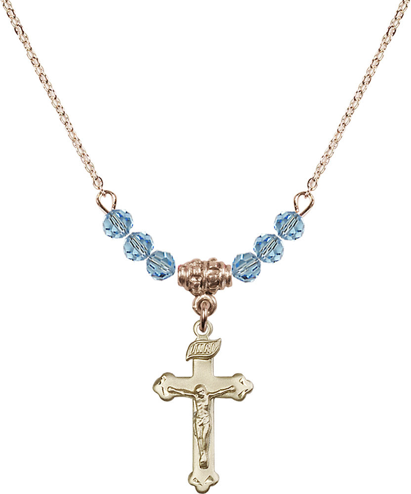 14kt Gold Filled Crucifix Birthstone Necklace with Aqua Beads - 0669