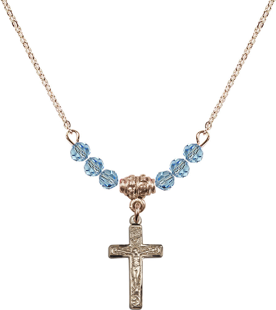 14kt Gold Filled Crucifix Birthstone Necklace with Aqua Beads - 0672