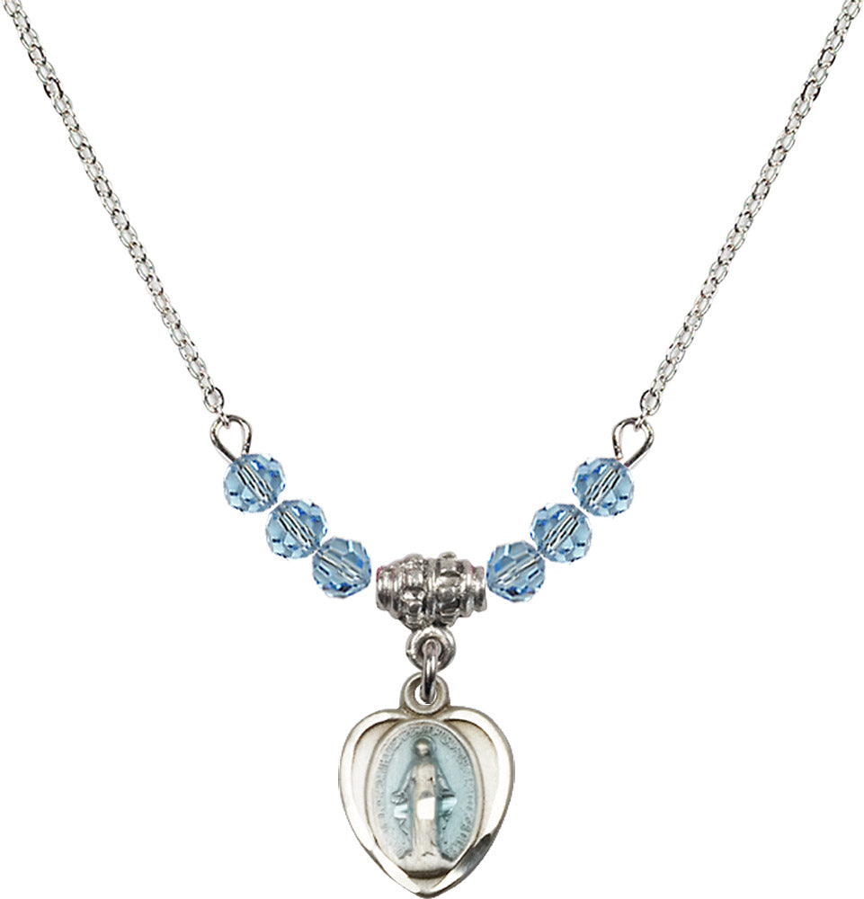 Sterling Silver Miraculous Birthstone Necklace with Aqua Beads - 0706