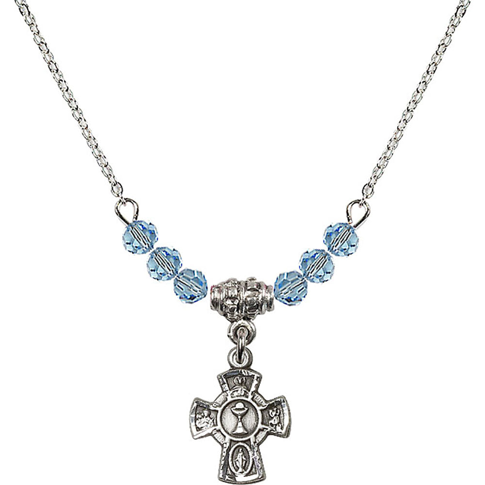 Sterling Silver 5-Way / Chalice Birthstone Necklace with Aqua Beads - 0845