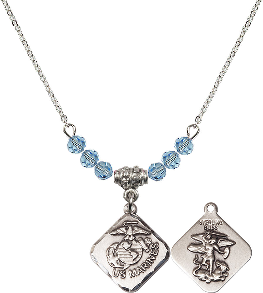 Sterling Silver Marines Diamond Birthstone Necklace with Aqua Beads - 1180
