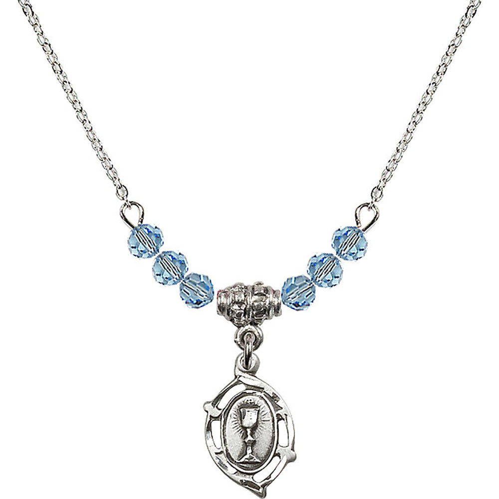 Sterling Silver Communion Birthstone Necklace with Aqua Beads - 3019