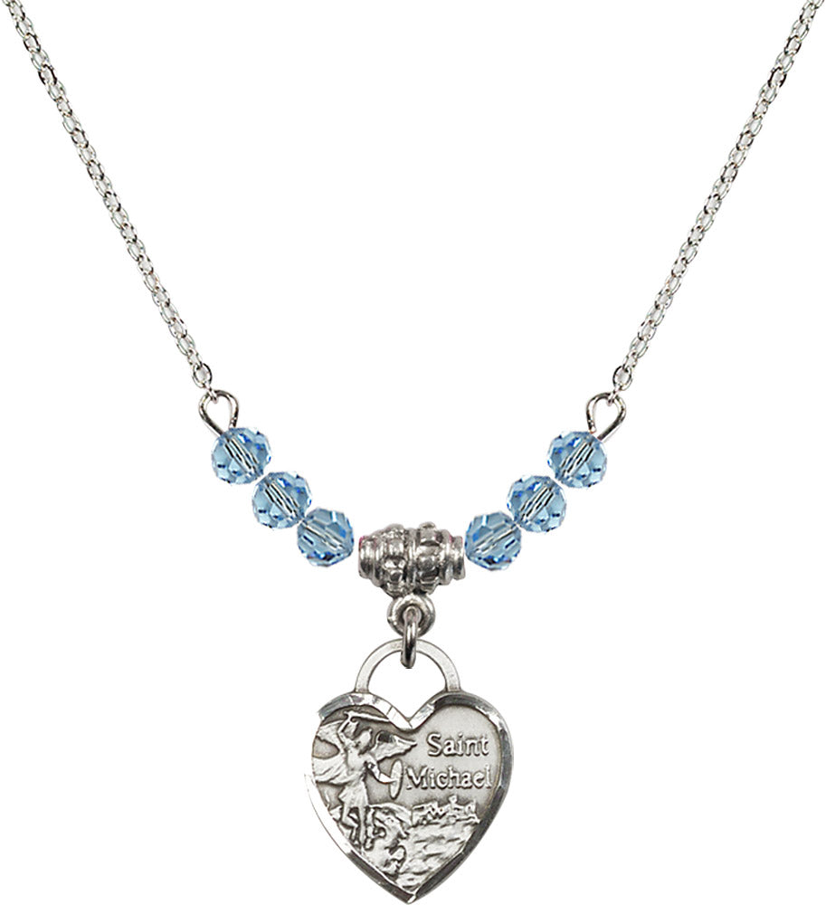 Sterling Silver Saint Michael Heart Birthstone Necklace with Aqua Beads - 3403