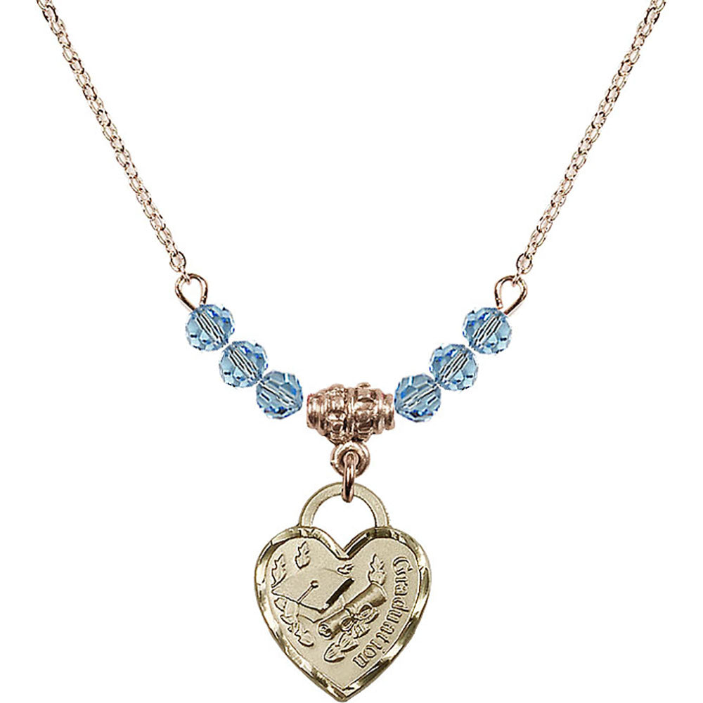 14kt Gold Filled Graduation Heart Birthstone Necklace with Aqua Beads - 3406