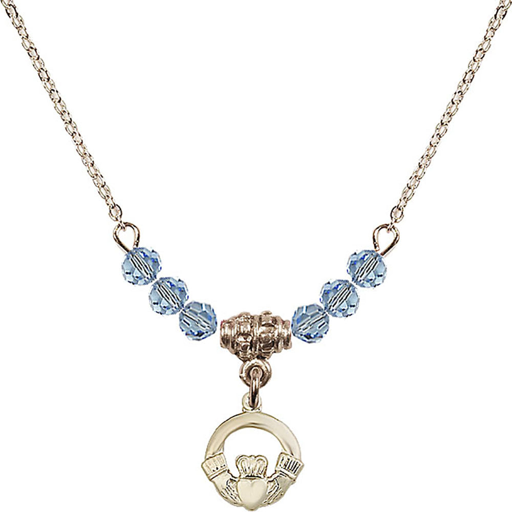 14kt Gold Filled Claddagh Birthstone Necklace with Aqua Beads - 4113