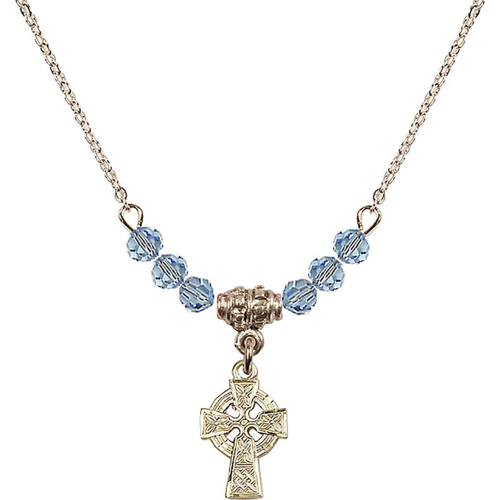 14kt Gold Filled Celtic Cross Birthstone Necklace with Aqua Beads - 4133