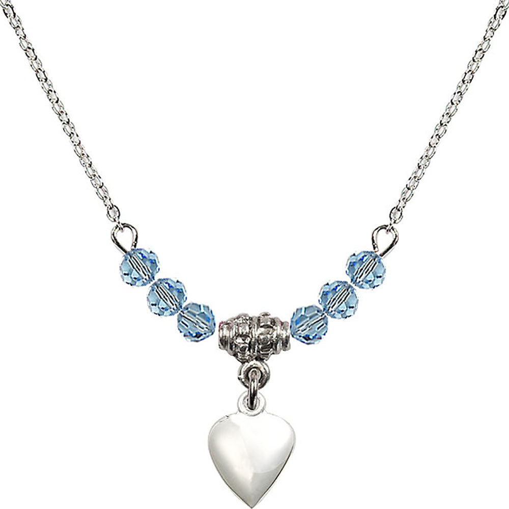 Sterling Silver Heart Birthstone Necklace with Aqua Beads - 4158