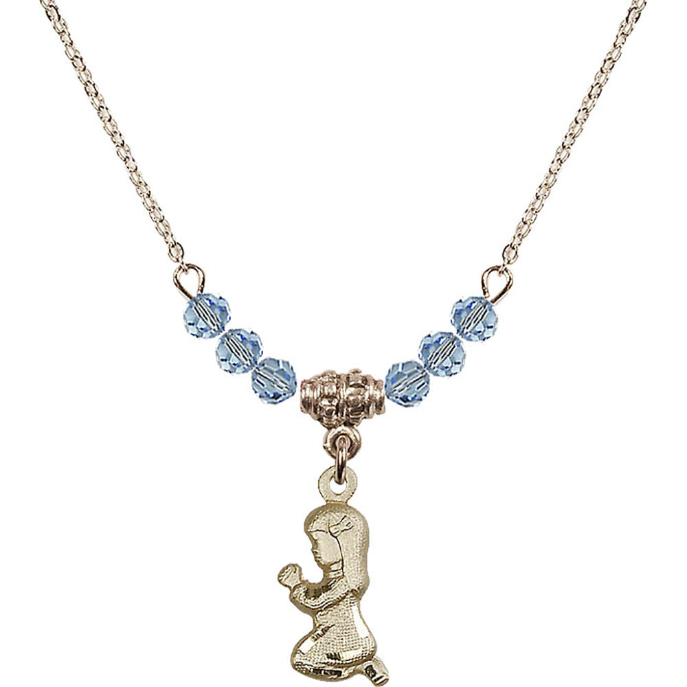 14kt Gold Filled Praying Girl Birthstone Necklace with Aqua Beads - 4262