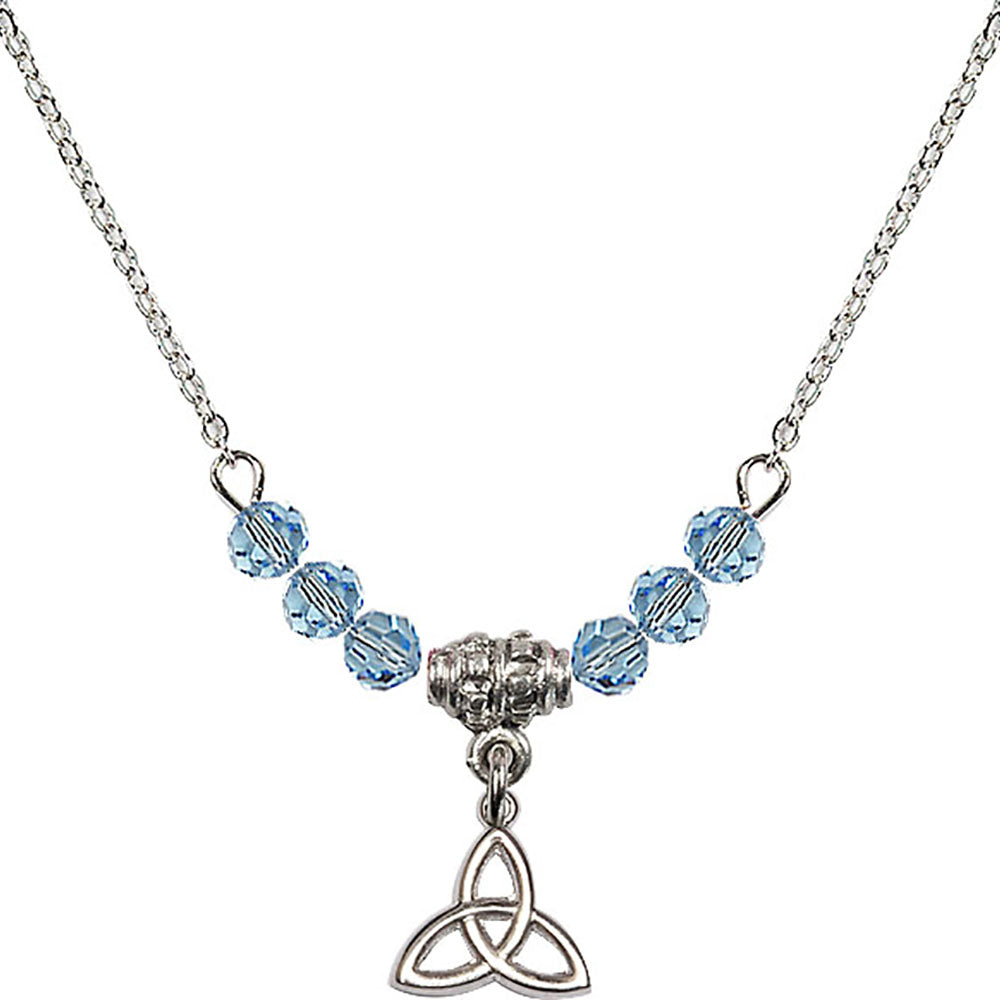 Sterling Silver Trinity Irish Knot Birthstone Necklace with Aqua Beads - 5100