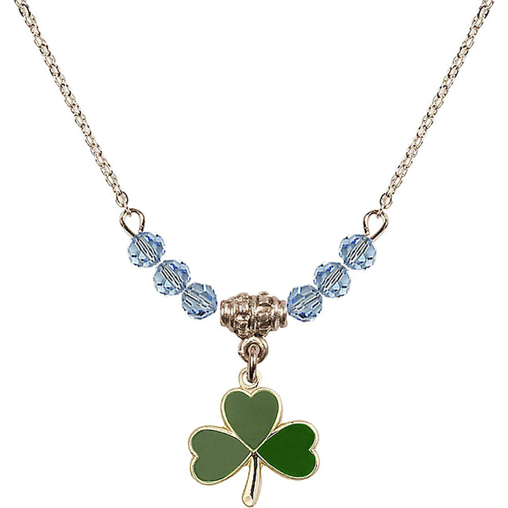 14kt Gold Filled Shamrock Birthstone Necklace with Aqua Beads - 5243