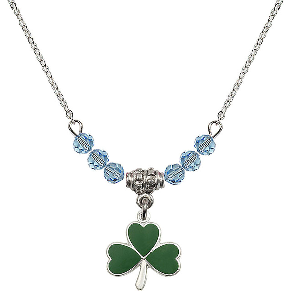 Sterling Silver Shamrock Birthstone Necklace with Aqua Beads - 5243