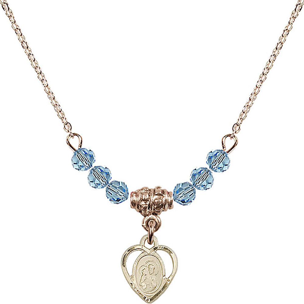 14kt Gold Filled Saint Ann Birthstone Necklace with Aqua Beads - 5414