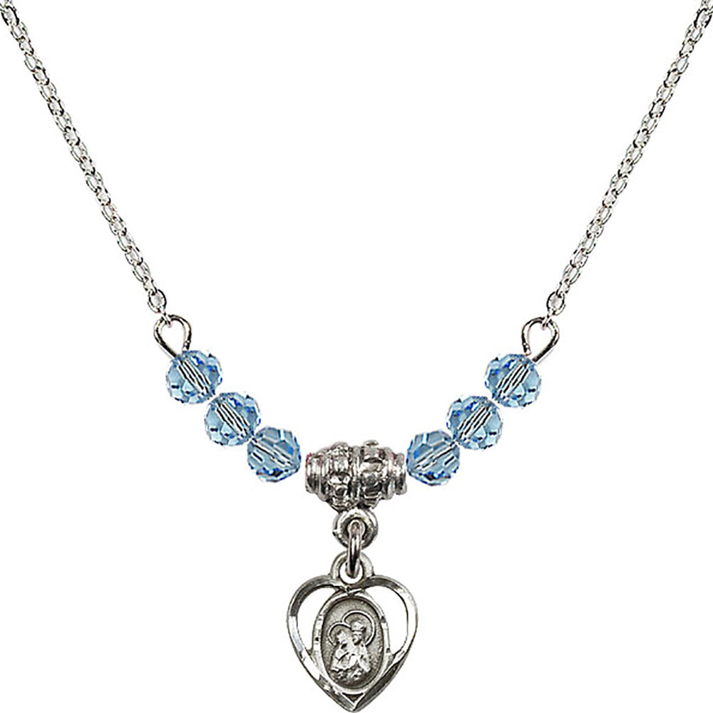 Sterling Silver Saint Ann Birthstone Necklace with Aqua Beads - 5414