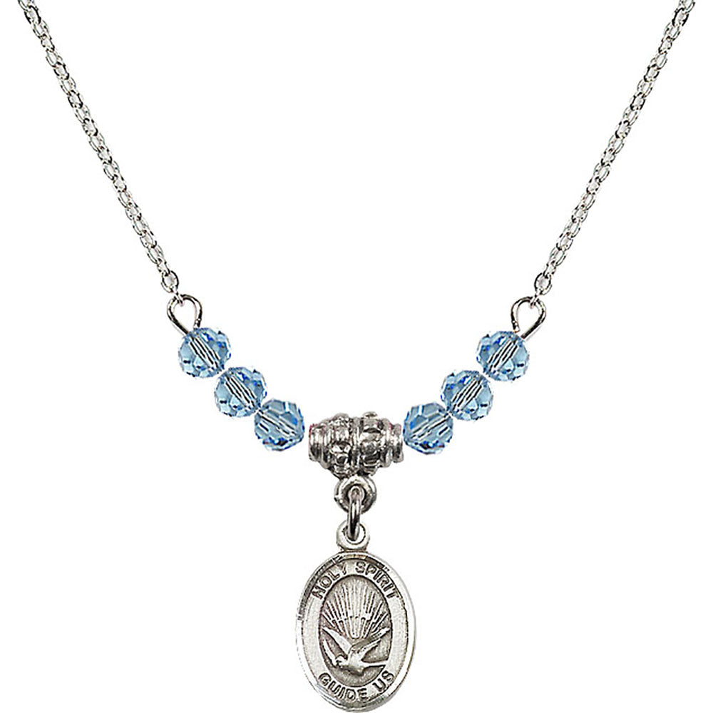 Sterling Silver Holy Spirit Birthstone Necklace with Aqua Beads - 9044