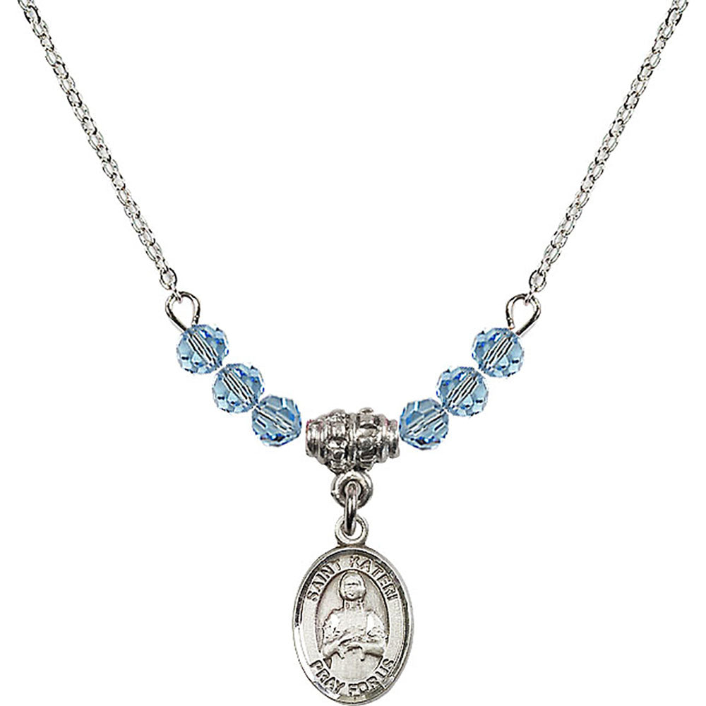 Sterling Silver Saint Kateri Tekakwitha Birthstone Necklace with Aqua Beads - 9061