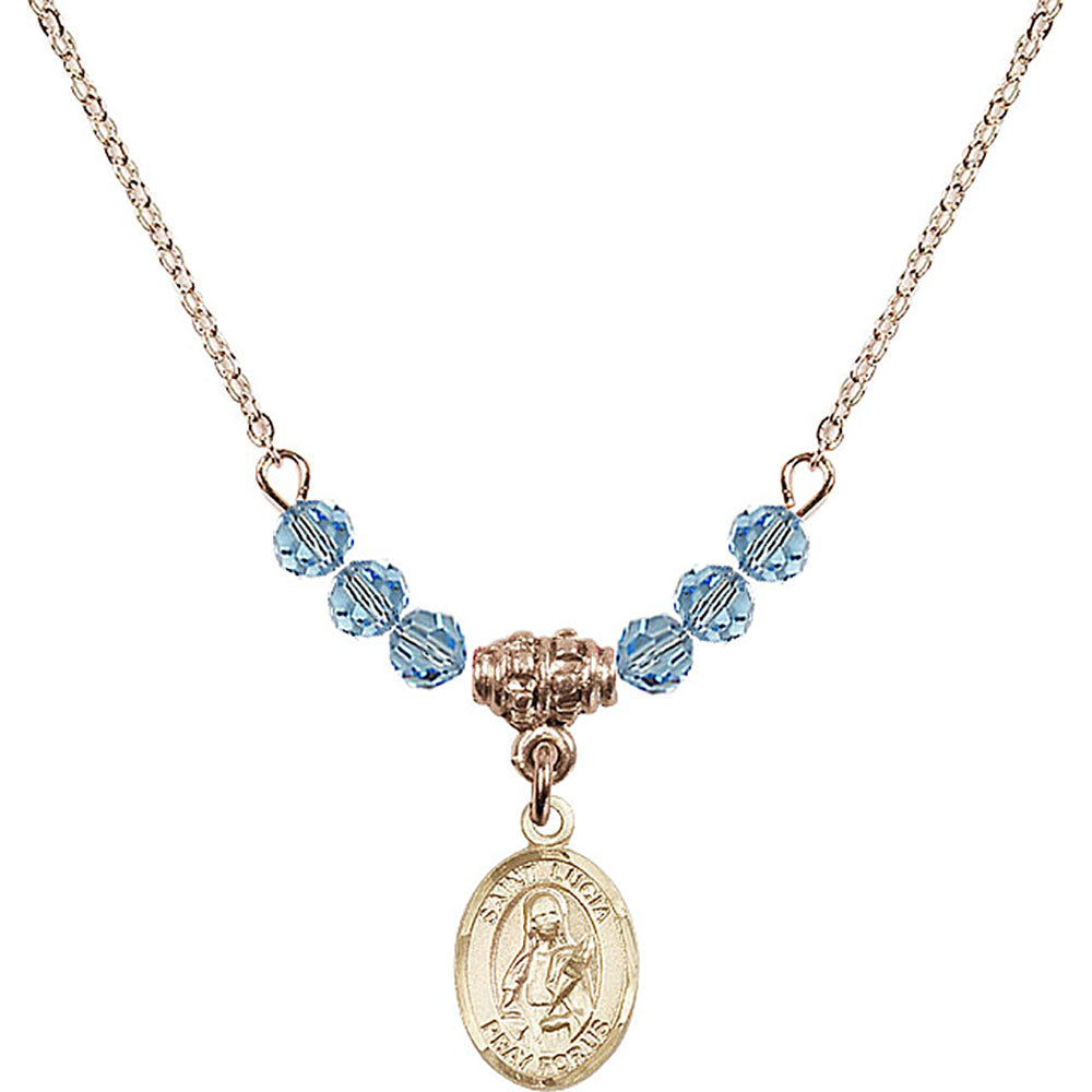 14kt Gold Filled Saint Lucia of Syracuse Birthstone Necklace with Aqua Beads - 9065