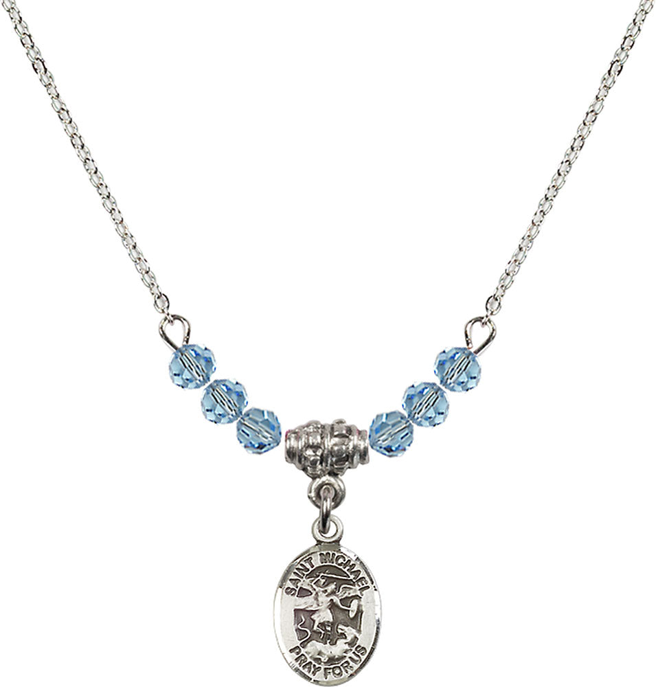 Sterling Silver Saint Michael the Archangel Birthstone Necklace with Aqua Beads - 9076