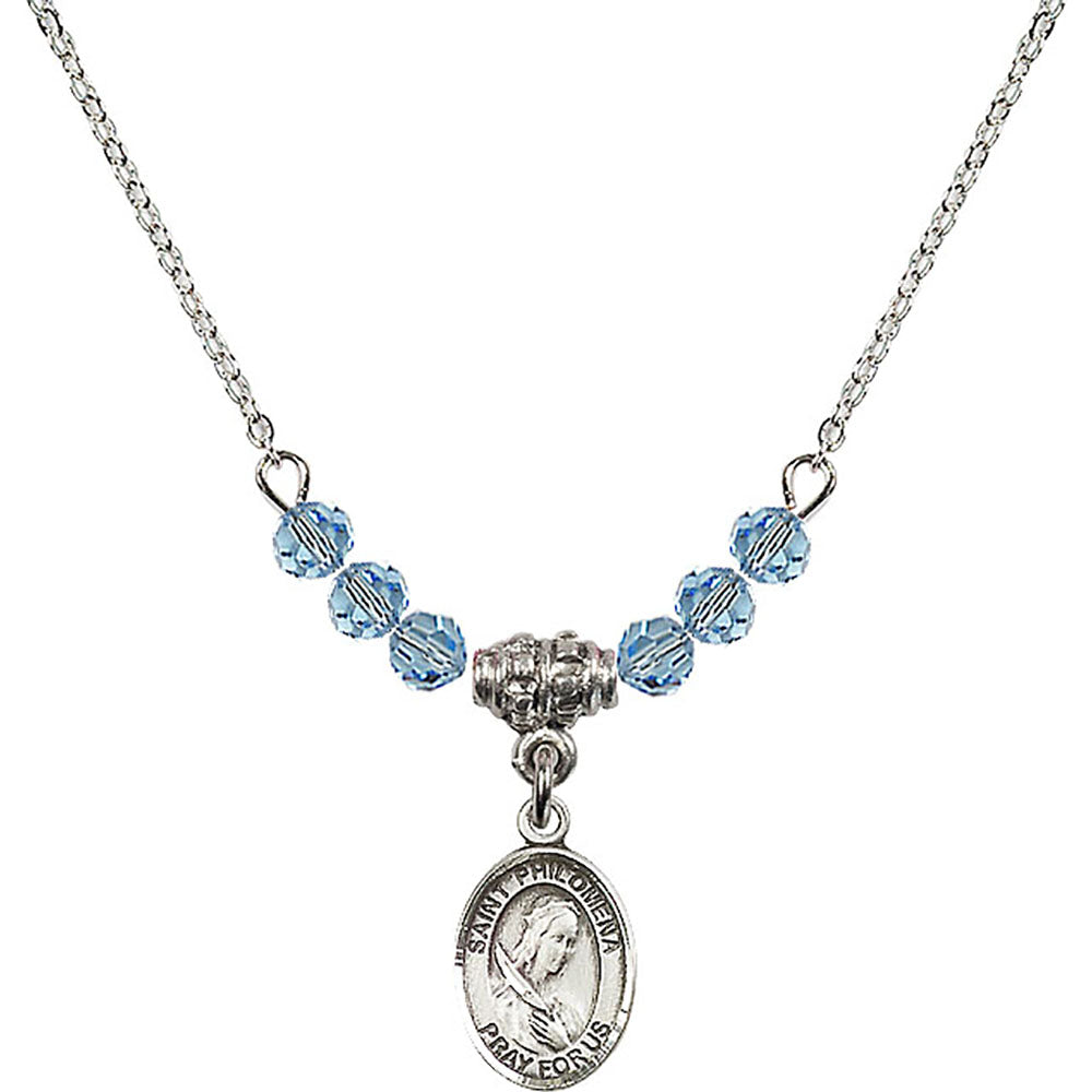Sterling Silver Saint Philomena Birthstone Necklace with Aqua Beads - 9077