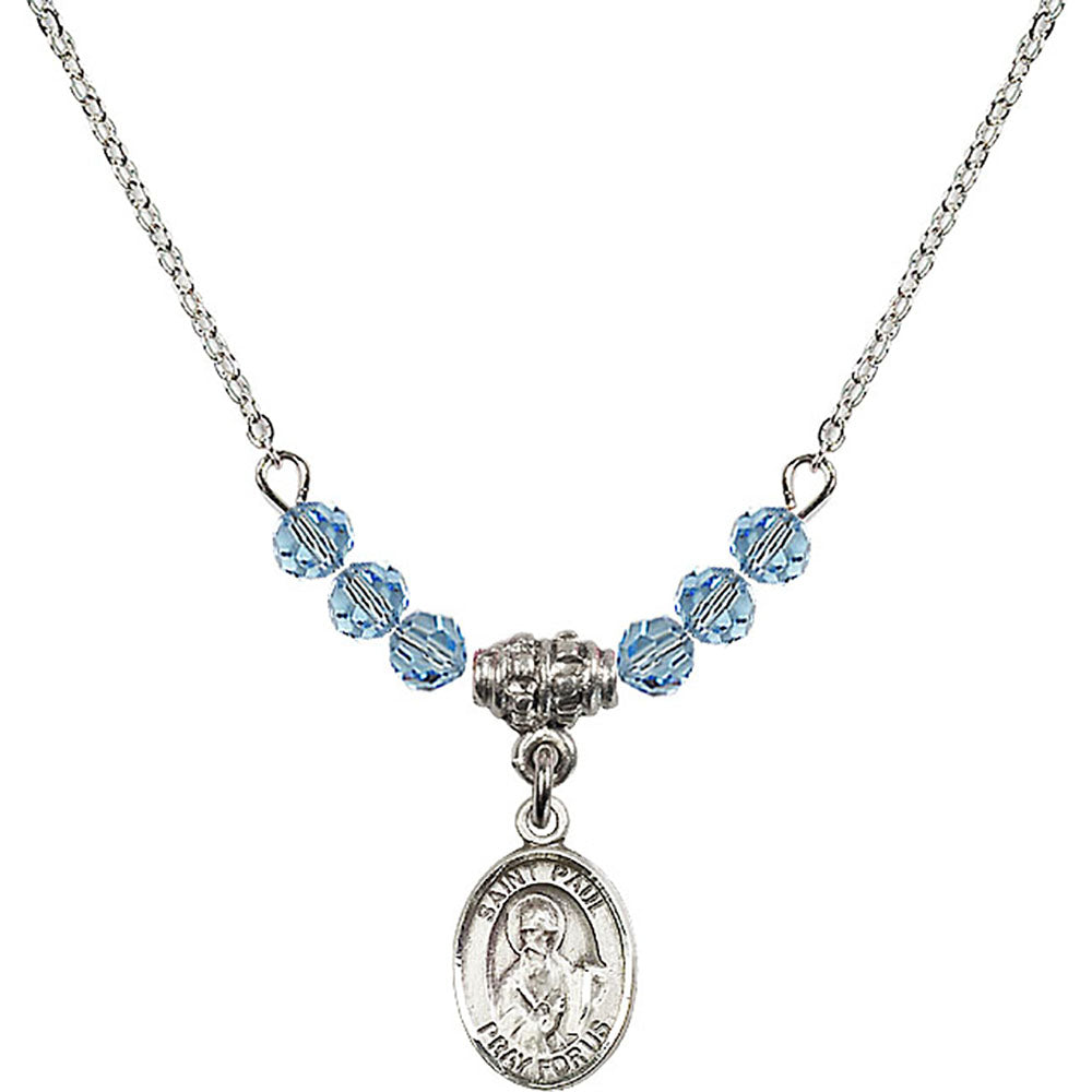 Sterling Silver Saint Paul the Apostle Birthstone Necklace with Aqua Beads - 9086
