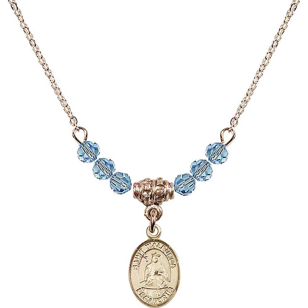 14kt Gold Filled Saint Walburga Birthstone Necklace with Aqua Beads - 9126