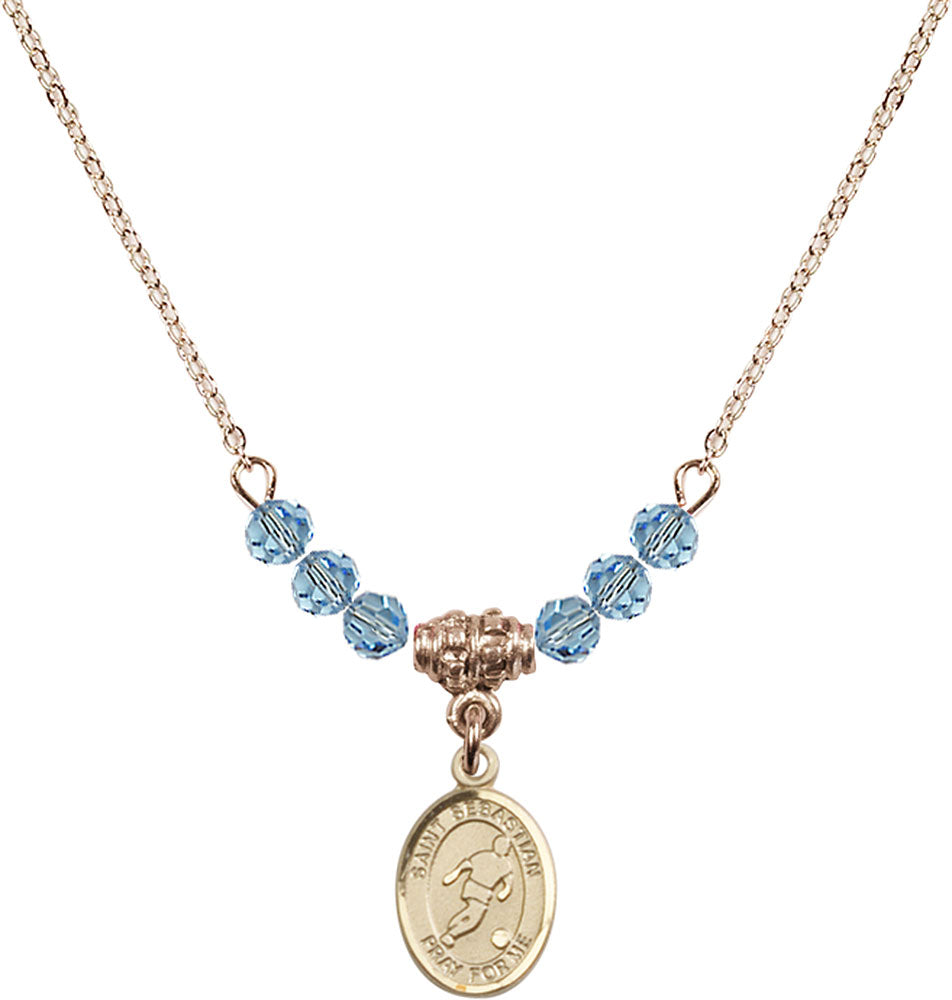 14kt Gold Filled Saint Sebastian/Soccer Birthstone Necklace with Aqua Beads - 9164