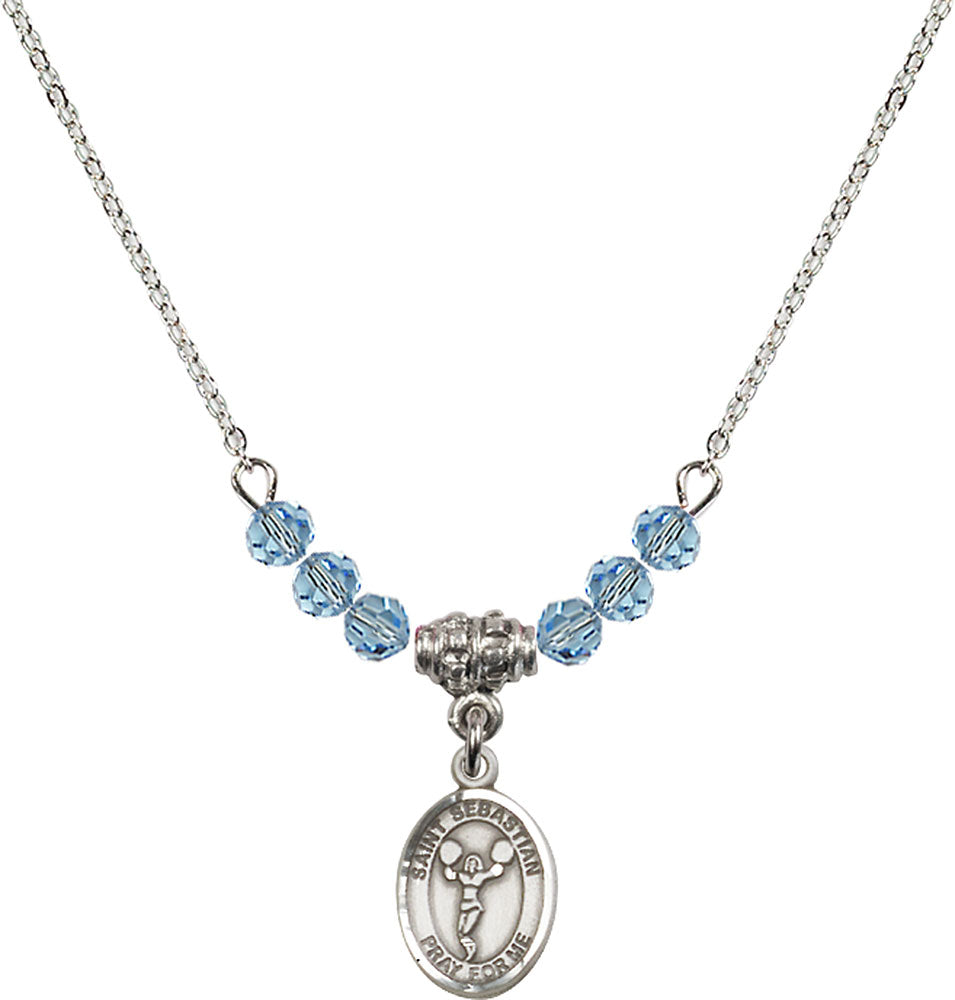Sterling Silver Saint Sebastian/Cheerleading Birthstone Necklace with Aqua Beads - 9170
