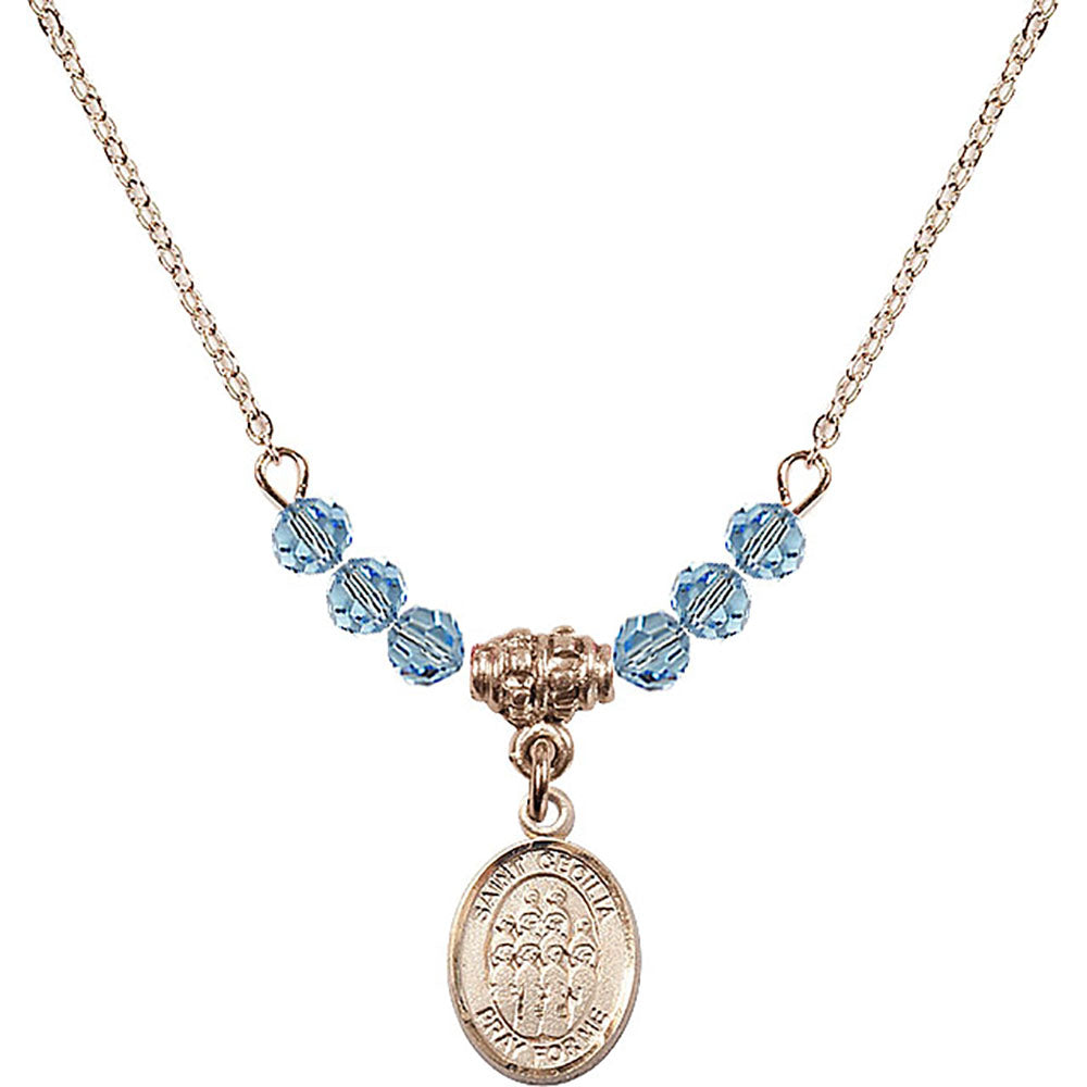 14kt Gold Filled Saint Cecilia / Choir Birthstone Necklace with Aqua Beads - 9180