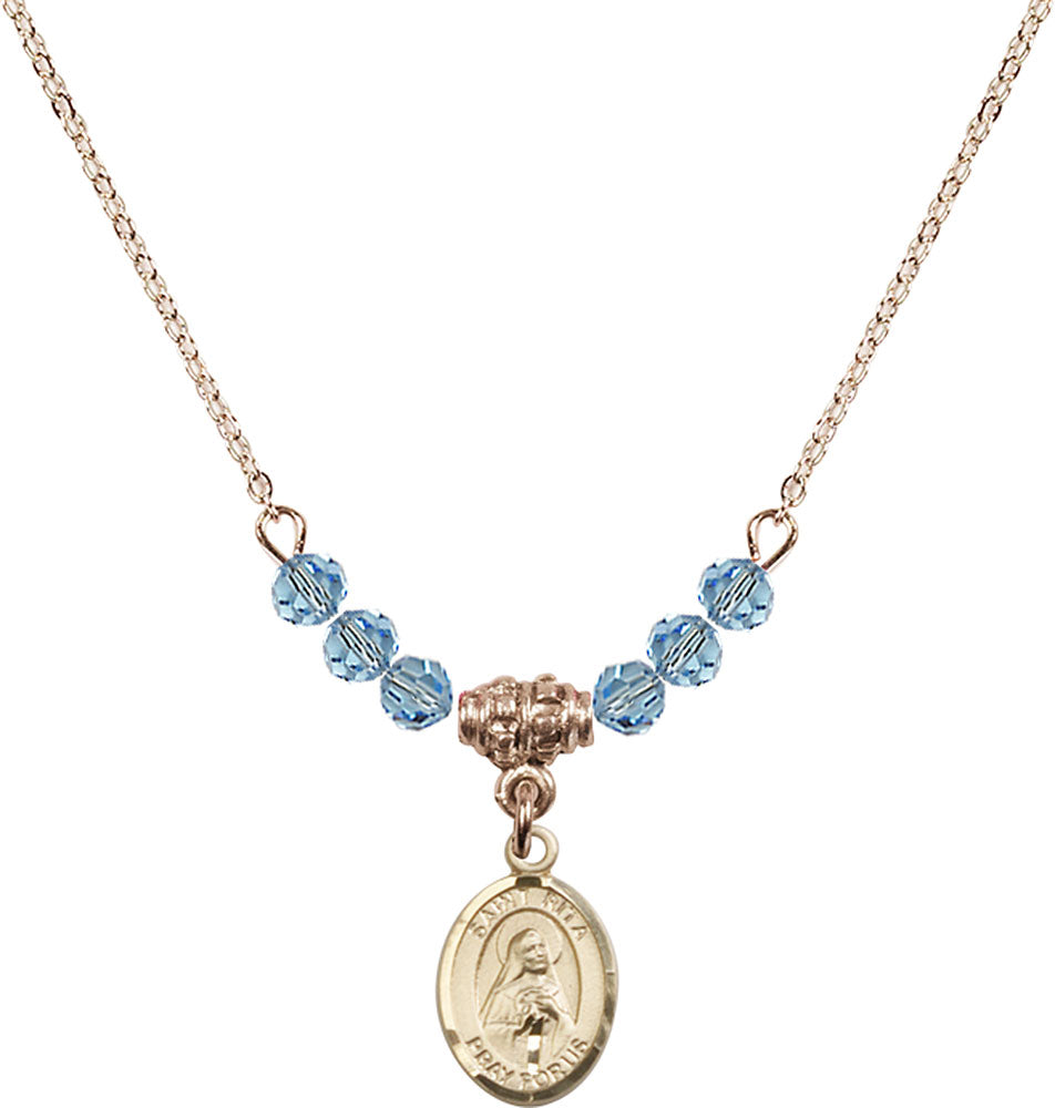 14kt Gold Filled Saint Rita / Baseball Birthstone Necklace with Aqua Beads - 9181