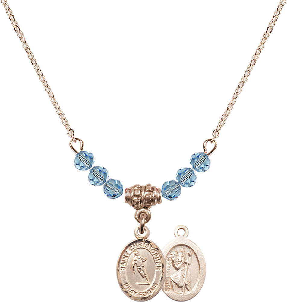 14kt Gold Filled Saint Christopher / Rugby Birthstone Necklace with Aqua Beads - 9194