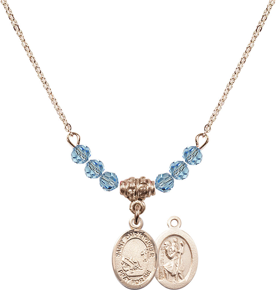 14kt Gold Filled Saint Christopher / Fishing Birthstone Necklace with Aqua Beads - 9196