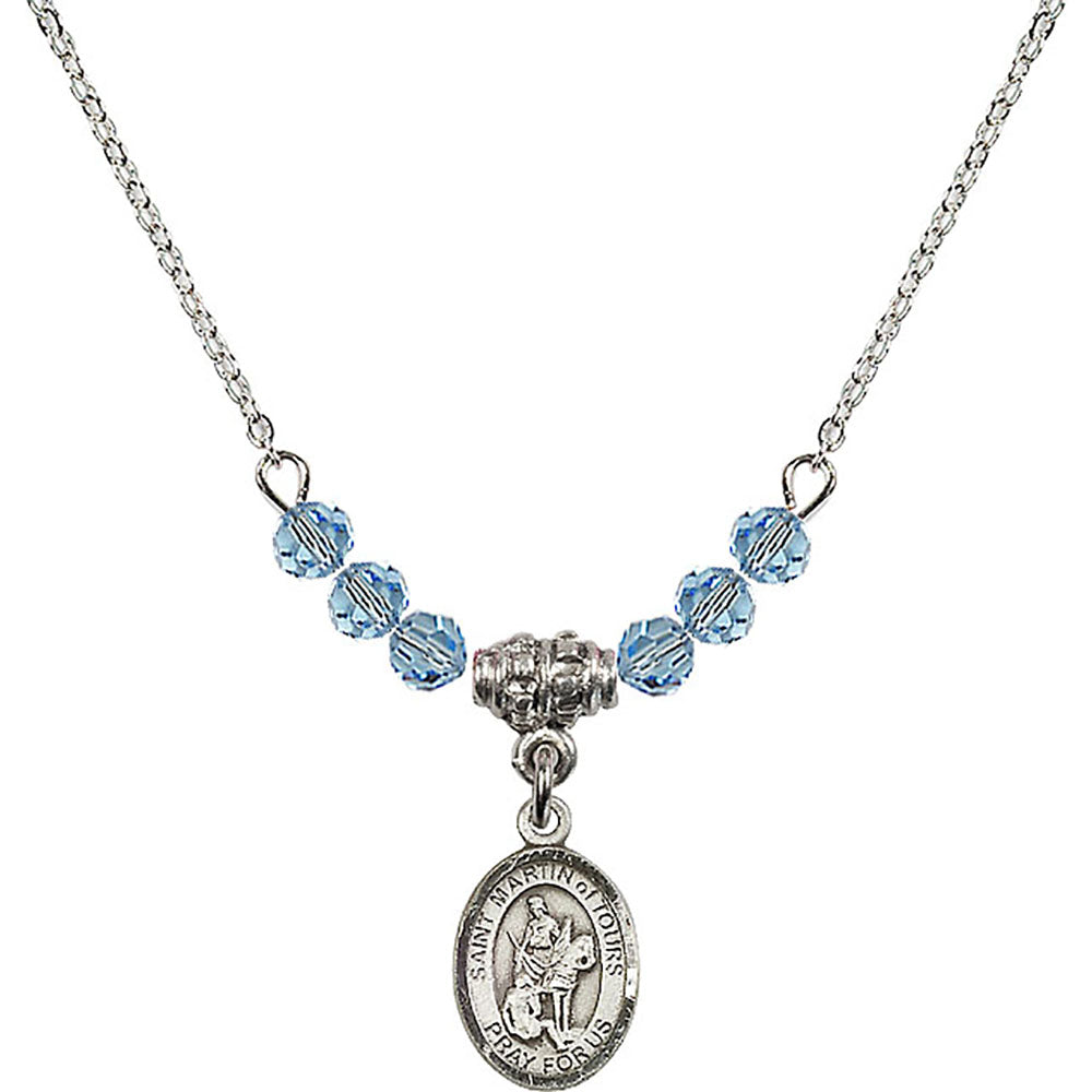 Sterling Silver Saint Martin of Tours Birthstone Necklace with Aqua Beads - 9200